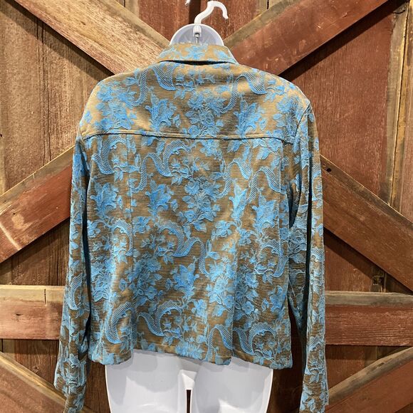 KINDRED SPIRIT Floral Brocade Jacket Large Turquoise Waist Length Tooled Design - Picture 7 of 16